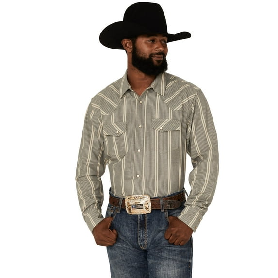 Blue Ranchwear Men's Striped Long Sleeve Pearl Snap Shirt Sand Large