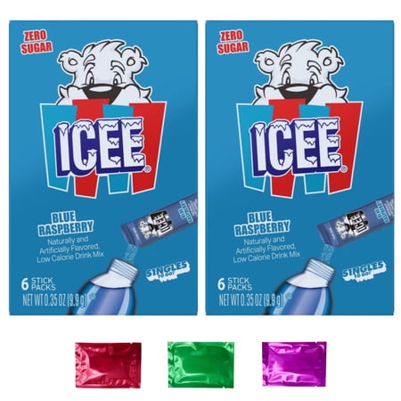 Icee Blue Raspberry Flavor Sugar-Free Drink Mix 12 Sticks Singles Box of 2, Powder Packets for Water Bottle Beverages Refreshing Juice Drinks w/ Bonus Snoep in Beperkte Oplage
