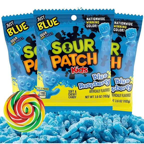 Blue Raspberry Sour Patch Kids Peg Bags, 3 Artificially Berry Flavored Shareable Sized Packs for Road Trips, Movie Nights, or Sharing with Friends, 3.6 Ounces Per Bag