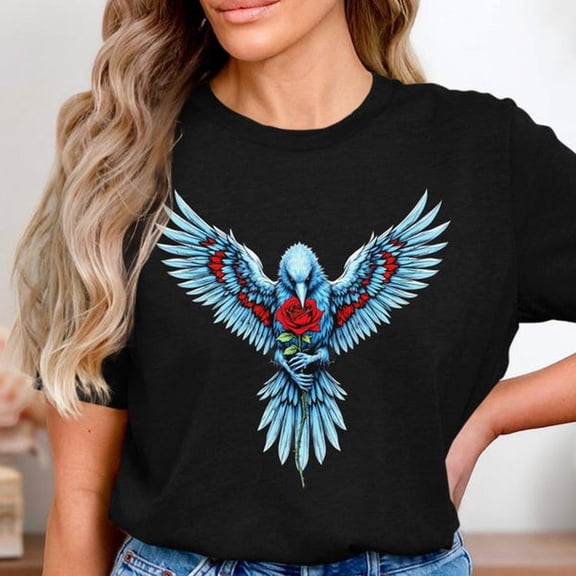 Blue Raven with Red Rose T-S1Hirt, Gothic Bird Floral Art T1EE, Romantic Dark F11antaS1Hirt, Tattoo StY1Le Feathered Love Graphic A1pparel