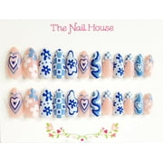 Blue Razzle-Dazzle Almond Press-on Nails by The Nail House NH - 24 Pieces