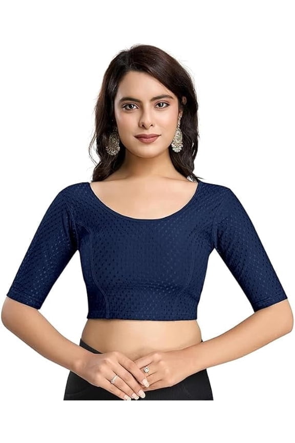 Blue Readymade Saree Blouse with Short Sleeves, Stretchable Ethnic Blouse for Daily and Festive Wear Women