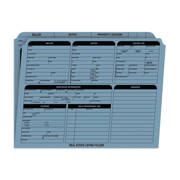 Blue Real Estate Folders / 25 Preprinted Property Listing Folders / 9 5/8" x 11 3/4" Fill In Seller Buyer Checklist Folders / Made In The USA