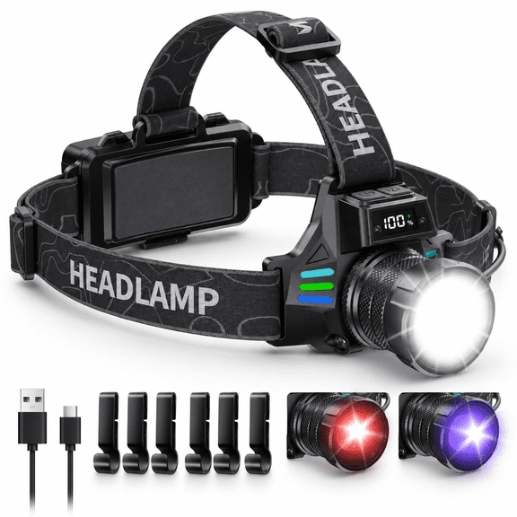 Blue Rechargeable LED Headlamp with White, Red, UV Lights, 16 Modes, Waterproof