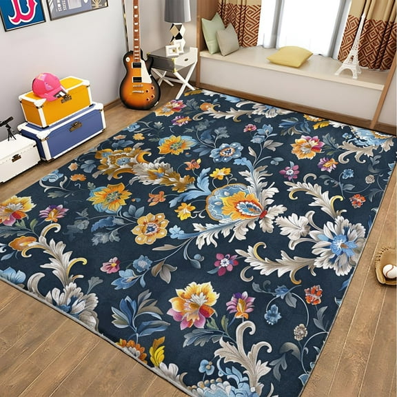 Blue Rectangle Carpet, Painted Plants And Flowers Printed Non Slip Rug, For Dining Room Backyard Decor Rug , For Teen Boys Women Men Rug 3x4ft