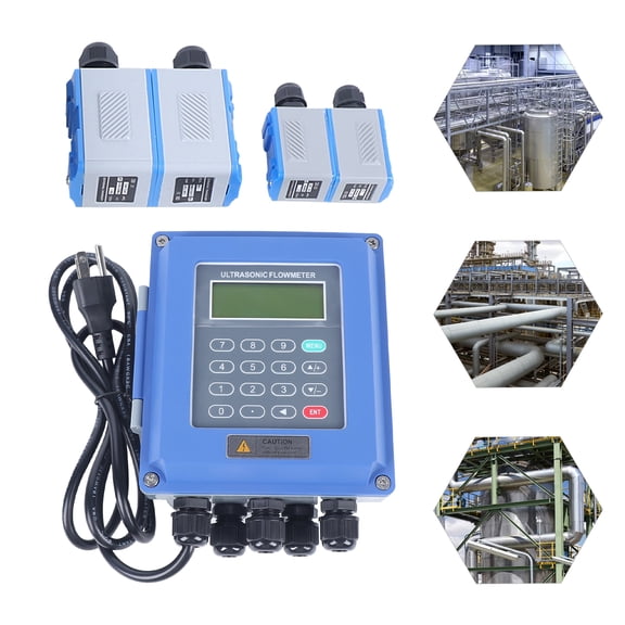 Blue Rectangular Ultrasonic Flow Meter Built-in Coin Cell Battery Fixed Clamp on Flowmeter for Water Supply Heating Water Conservancy