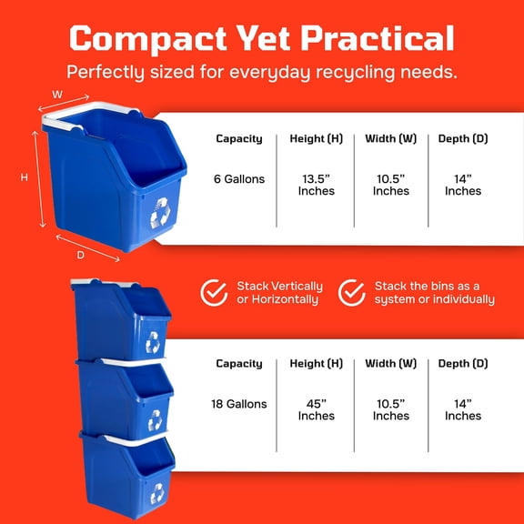 Blue Recycling Bin 6 Gallon Stackable Recycle Bin for Kitchen, Home, Garage, Office – Space Saving Small Recycling Bin with Handle, for Under Sink Recycling Container (Blue, 1 Pack)