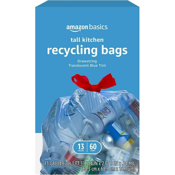 Blue Recycling Drawstring Trash Bags, Tall Kitchen, Unscented, 13 Gallon, 60 Count