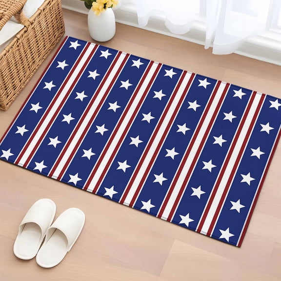 Blue Red 2'x3' Rug for Entryway Front Door Kitchen Sink Area, Stripes Patirotic Star Independence Day Low Pile Washable Non Slip Rectangle Area Rug