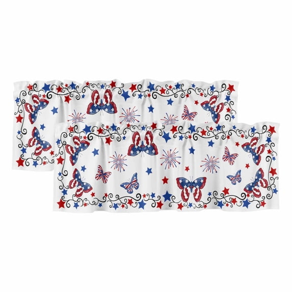 Blue Red 4th of July Curtain Valances for Windows, Kitchen Valance Window Treatments Panel 2 Pack, Independence Day Fireworks Butterfly Rod Pocket Short Curtains for Bathroom Bedroom 42 x 18 Inch