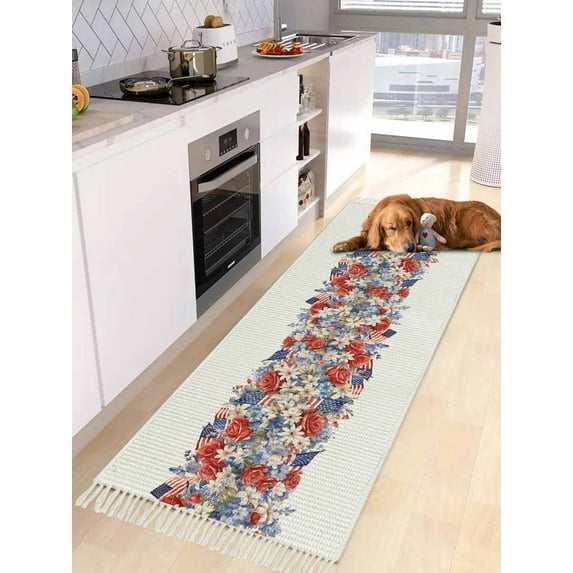 Blue Red 4th of July Entryway Runner Rug 2x4ft,Independence Day Flowers Red Blue Washable Woven Living Room Hallway Bedroom Kitchen Carpet with Tassels,Indoor Outdoor Throw Door Mat for Entryway