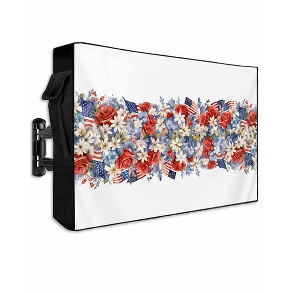 Blue Red 4th of July Outdoor TV Cover 52 to 55 Inch Weatherproof, Independence Day Flowers Red Blue 600D Oxford TV Covers with Waterproof Zipper, Outside Flat TV Screen Protector Size 52"Wx19"Hx4.5"D