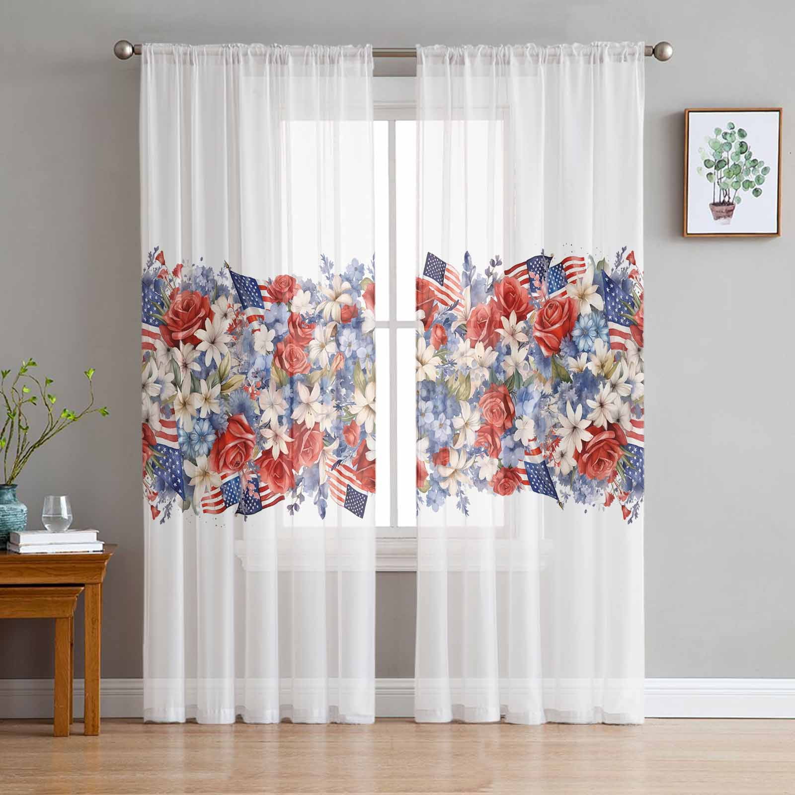 Blue Red 4th of July Semi Sheer Curtains 72 Inch Length 2 Panels Set
