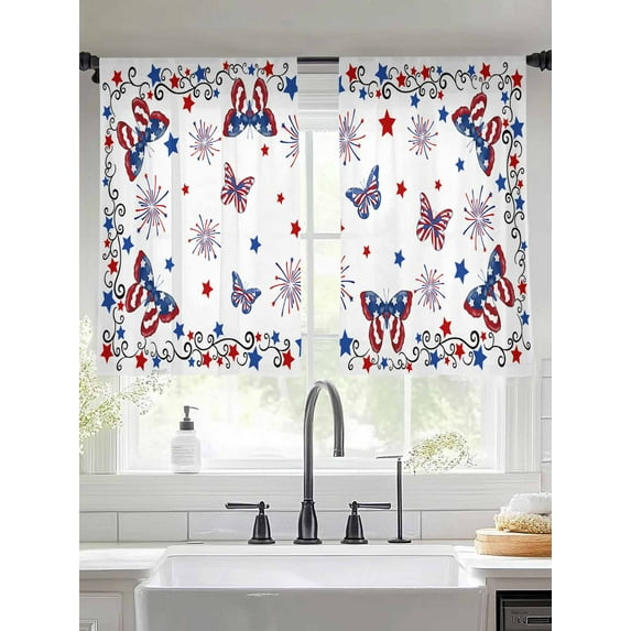 Blue Red 4th of July Sheer Curtains for Living Room Bedroom Independence Day Fireworks Butterfly Sheer Curtains 45 Inch Long 2 Panels Set Light Filtering Curtain Window Treatments Drapes