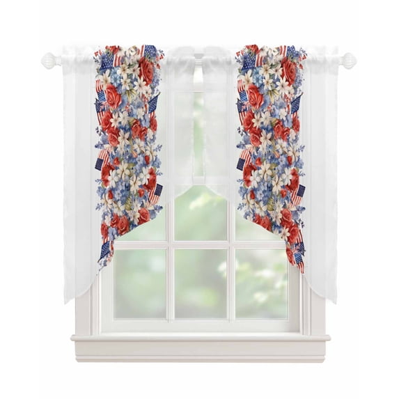 Blue Red 4th of July Swag Valances for Windows, Independence Day Flowers Red Blue Rod Pocket Sheer Valances for Large Windows, Swag Toppers Light Filtering for Kitchen Living Room 2 Panels 36''x45''