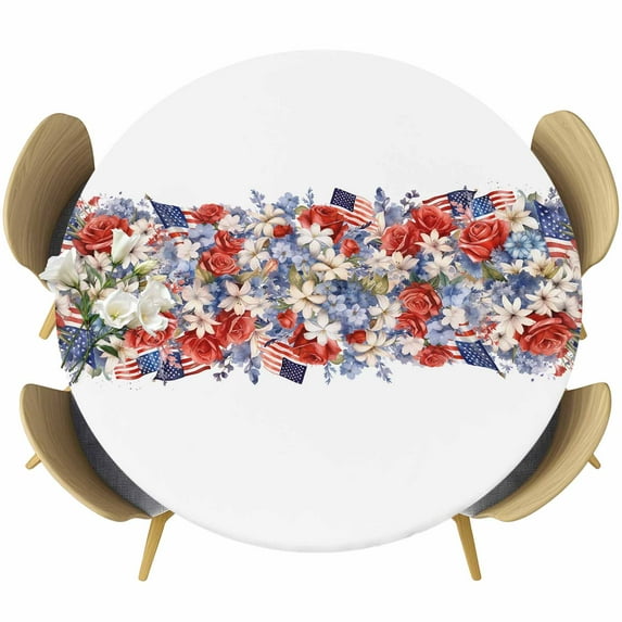 Blue Red 4th of July Table Cloth, Round Fitted Tablecloths with Elastic Edge, Independence Day Flowers Red Blue Wipeable Waterproof Table Cover for Kitchen Wedding 36-44 Inches