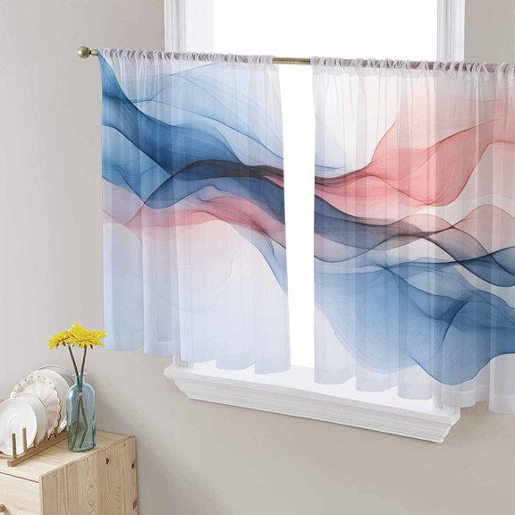 Blue Red Abstract Art Sheer Curtains 45 Inch Length 2 Panels Set for Living Room/Bedroom, Modern Art Wave Semi Curtain Sheers Drapes Rod Pocket Curtains Window Treatment Set 52''x45''x2