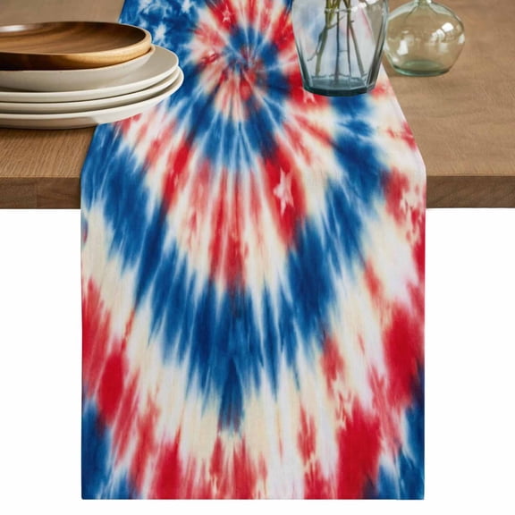 Blue Red American Flag Table Runner 48 Inches, Abstract Art USA Tie-dye Bed Runner Dresser Scarves Tabletop for Indoor Outdoor Parties/Ceremony/Banquet, 13" x 48"