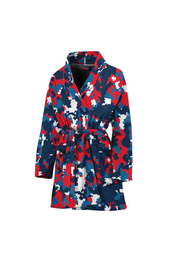 Blue Red And White Digital Camo Women Bathrobe One Size Univeral Fits, Camo Camouflage Fashion Lightweight Plush Fleece Long Robe For Women