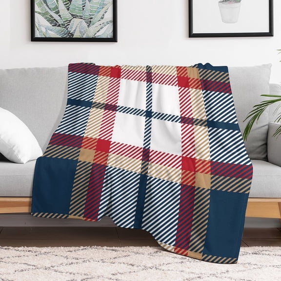 Blue Red And Beige Tartan Plaid Blanket 40"x50" Anti-Pilling Flannel Throw Blanket Lightweight Soft Fleece,All-Season Couch And Bed Blanket for Home Travel Made in the USA
