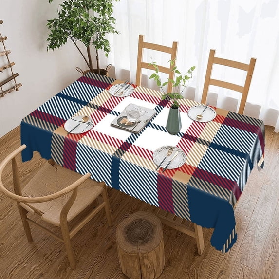 Blue Red And Beige Tartan Plaid Rectangular Tablecloth 55"x70" with Lace Edge, Washable Durable Table Cover for Dining, Indoor Outdoor Home Restaurant Decor