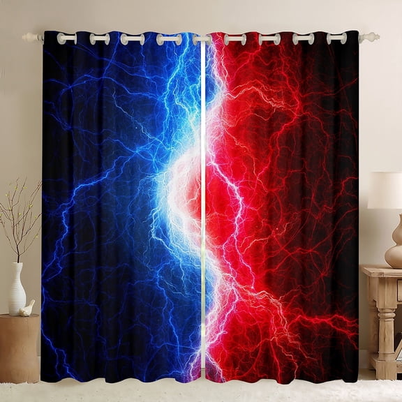 Blue Red Black Blackout Curtains Lightnings Abstract Curtains & Drapes,Fire and Water Print Lightning Window Curtains,Psychedelic Hippie Patchwork CurtainsGamer Room 52"Wx84"L