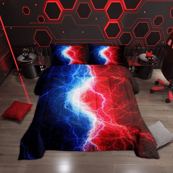 Blue Red Black Comforter Set Lightnings Abstract Art Bedding Set Twin ,Fire and Water Print Lightning Down Comforter,Psychedelic Hippie Style Patchwork Quilt Game Room Decor