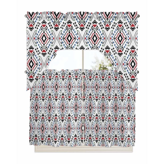 Blue Red Black Geometric Kitchen Curtain and Valance Set 3 Pieces, Rod Pocket Short Tier Curtains 36 Inch Length, Southwestern Ethnic Art Swag Topper Small Window Treatment for Cafe Bathroom Bedroom