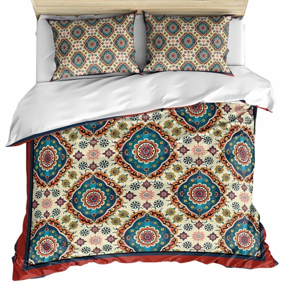 Blue Red Boho Bedding 3 Piece Duvet Cover Set Twin Size, Abstract Ethnic Vintage Geometric Soft Microfiber Comforter Cover with Zipper Closure & Pillowcases, Wrinkle & FadeResistant Quilt Cover