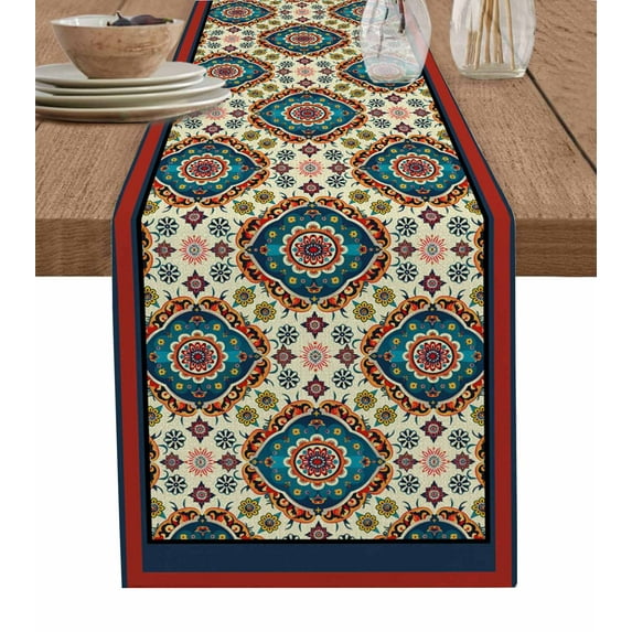Blue Red Boho Burlap-Cotton Table Runner 72 Inches Long,Abstract Ethnic Vintage Geometric Farmhouse Table Runners,Outdoor Dining Tablecloths Decor for Baby Shower Party Wedding 14x72