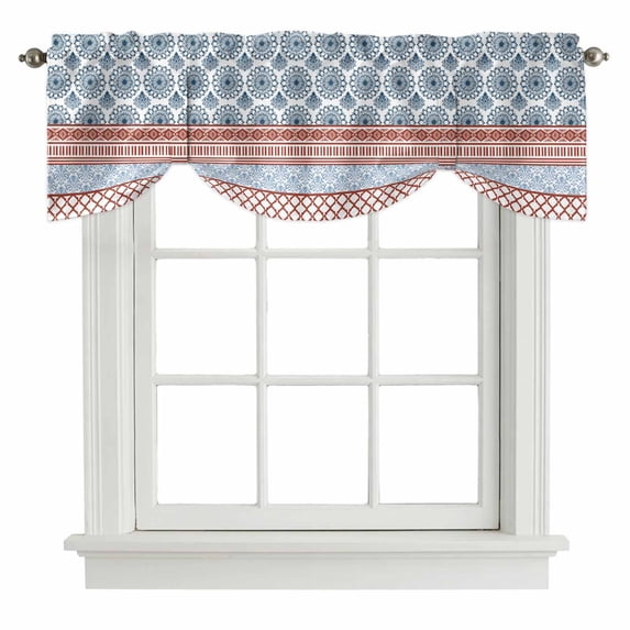 Blue Red Boho Tie Up Valance Curtains for Windows, Kitchen Curtains Window Treatments, Vintage Geometric Stripes Abstract Art Short Window Shades Valances for Bedroom Bathroom Cafe 42"x18"