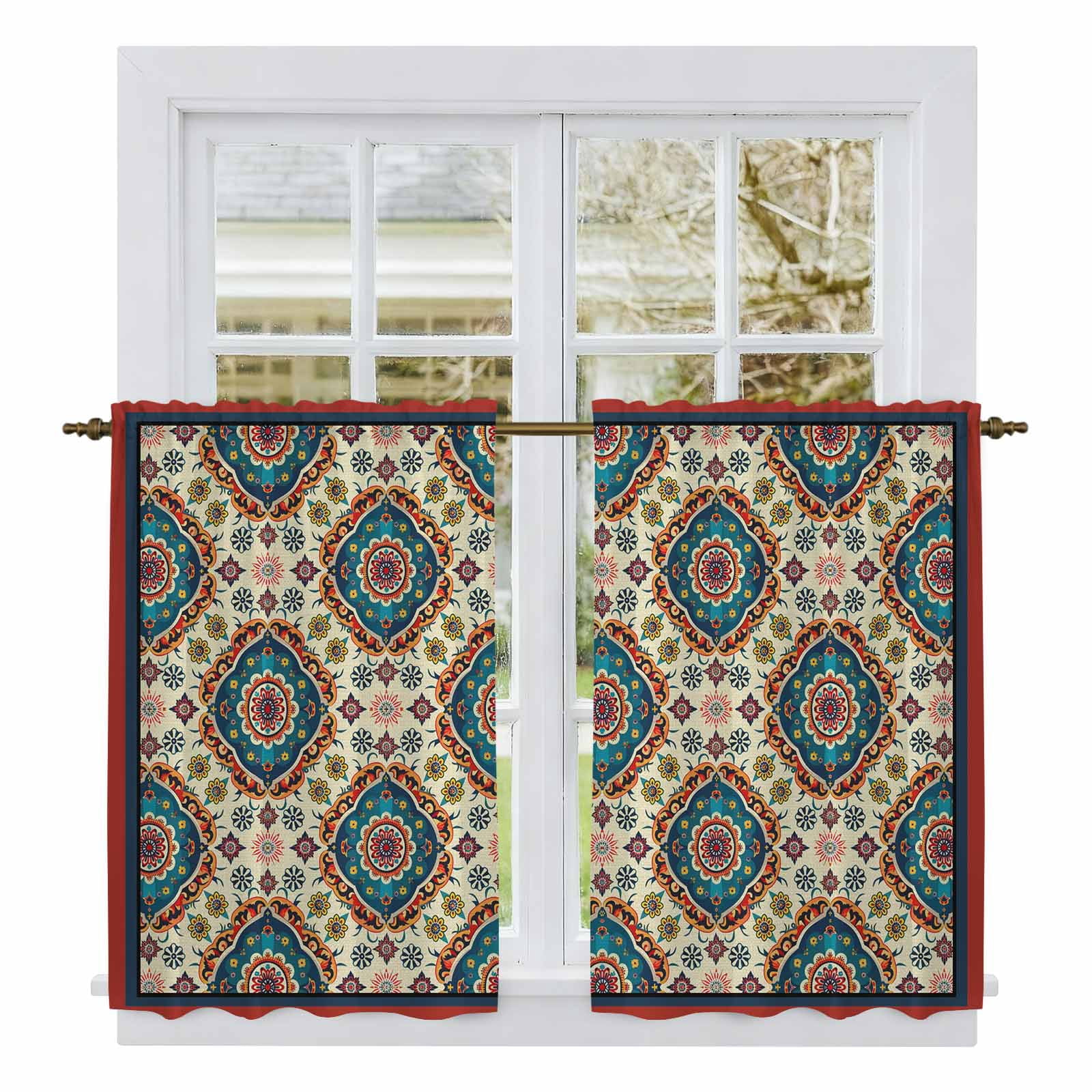 Blue Red Boho Tier Curtains, Abstract Ethnic Vintage Geometric Light ...