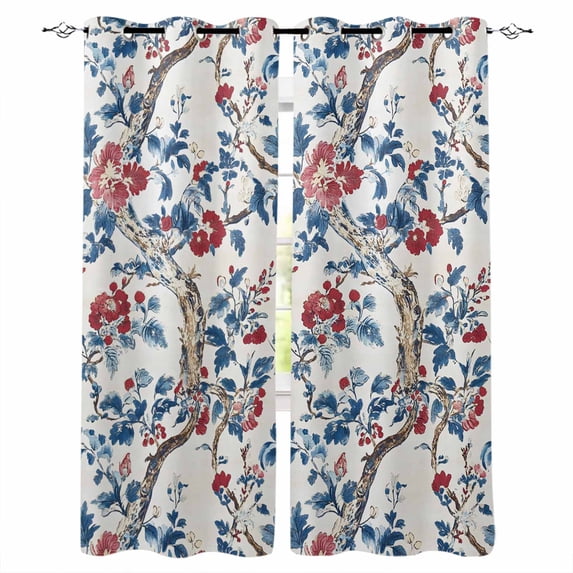 Blue Red Botanical Blackout Curtains for Bedroom Living Room Darkening Curtains 96 Inches Long Summer Watercolor Flower Branch Plant Window Curtain 2 Panels Set Window Treatment Drapes 52"x96"