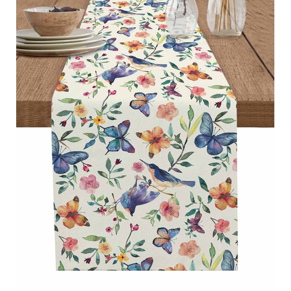 Blue Red Botanical Burlap-Cotton Table Runner 120 Inches Long,Butterfly Birds Watercolor Floral Farmhouse Table Runners,Outdoor Dining Tablecloths Decor for Baby Shower Party Wedding 13x120