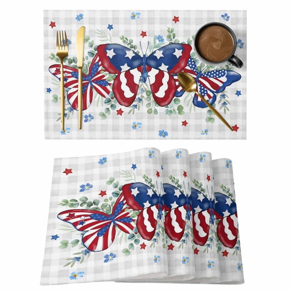 Blue Red Butterfly 4th of July Placemats Set of 4, Stars Independence Day Grey Plaid Placemats for Dining Table, Place Mats for Kitchen Tabletop, Waterproof Wipeable Dining Table Mats Set