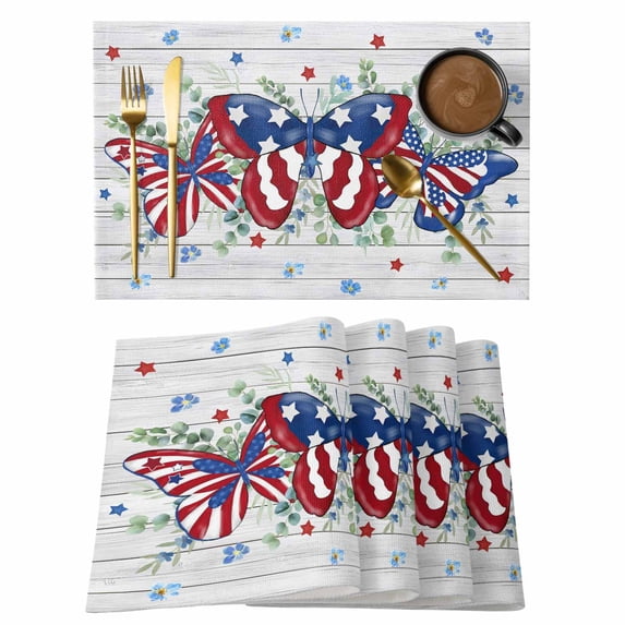 Blue Red Butterfly 4th of July Placemats Set of 6, Stars Independence Day Wooden Placemats for Dining Table, Place Mats for Kitchen Tabletop, Waterproof Wipeable Dining Table Mats Set