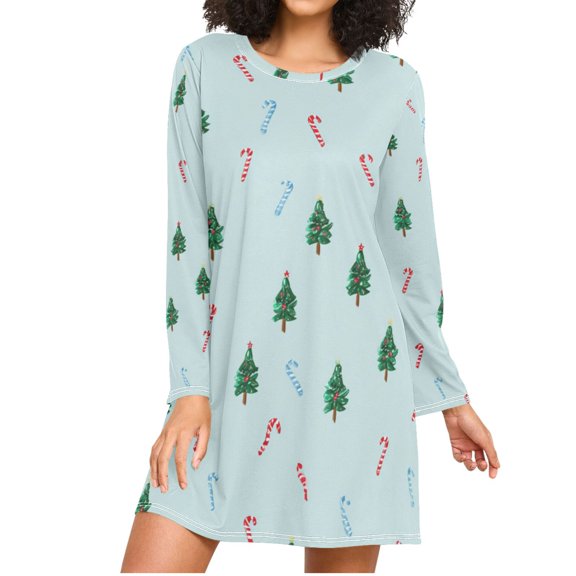 Blue Red Candy Canes Christmas Trees Women's Long Sleeves Nightgowns Sleepwear Soft Pajama A-line Sleep Dress XXL