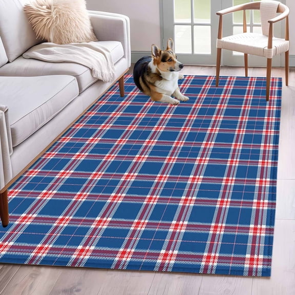 Blue Red Checkered 3'x5' Washable Rug, Farmhouse Buffalo Plaid Gingham Non-Slip Area Rugs for Entryway Kitchen Classroom, StainResistant Dorm Throw Carpet, Low Pile Soft Indoor Floor Mat