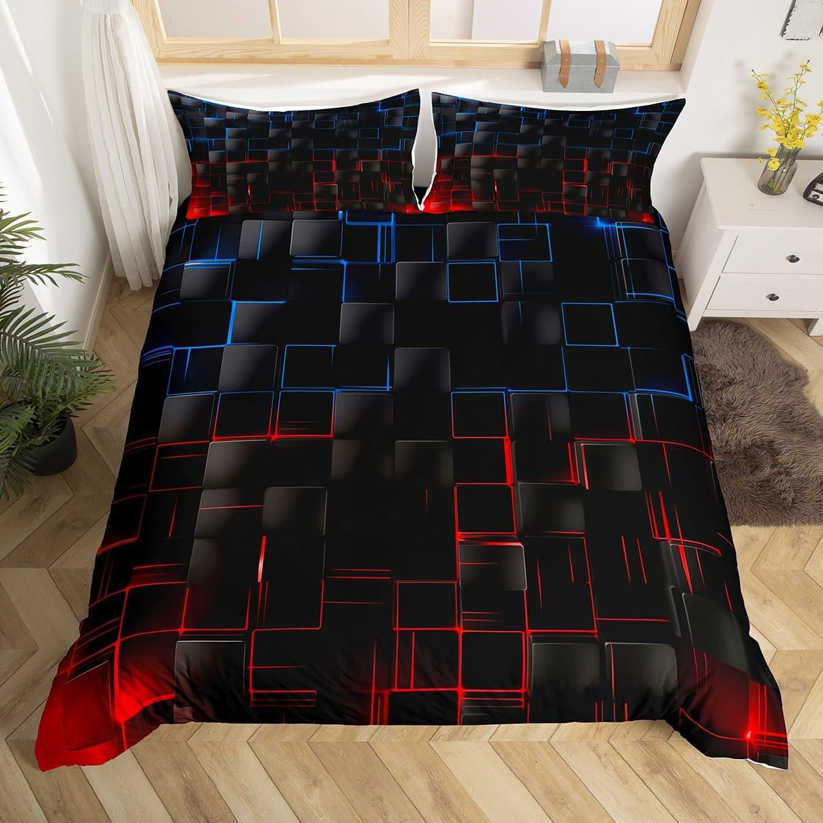 Blue Red Checkered Duvet Cover Set Twin Size, Geometric Grid Plaid