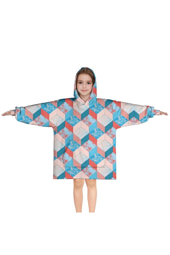 Blue Red Checkered Pattern Blanket Hoodies for Kids 6-13YR Oversize Wearable Blanket Hoodies for Boys Girls Teens