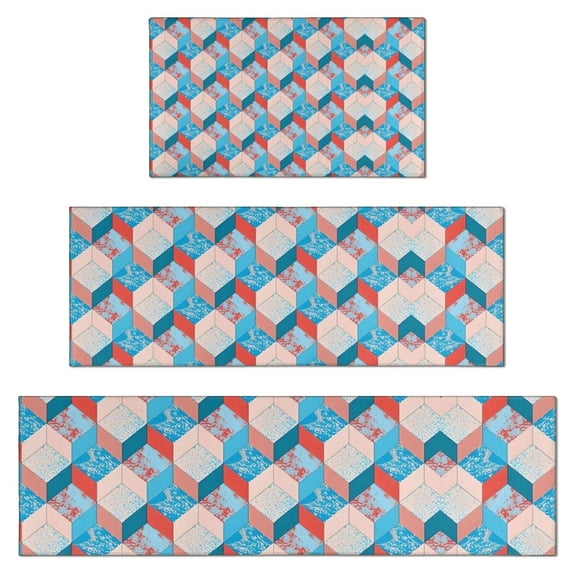 Blue Red Checkered Pattern Kitchen Rugs Sets Of 3,Kitchen Runner Rugs Non Skid Washable,Decorative Kitchen Floor Mats for Kitchen,Sink,Laundry,17"x30"+ 17"x47" + 17"x59"