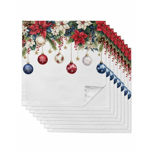 Blue Red Christmas Balls Cloth Napkins Set of 8, Snowflake Xmas Botanical Berry Washable Reusable Dinner Cocktail Napkin for Kitchen Party Wedding Banquet Holiday Baby Shower Table Decor