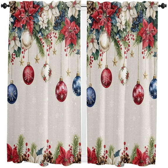 Blue Red Christmas Balls Kitchen Curtains 63 Inch Length, Farmhouse Curtains & Drapes, Xmas Botanical Poinsettia Rustic Rod Pocket Window Curtains for Bedroom, 42" x 63", 2 Panels