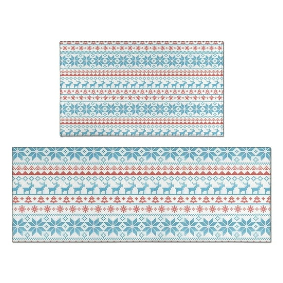 Blue and Red Christmas Pattern Kitchen Rugs Sets Of 2,Anti Fatigue Kitchen Mat Rugs Non Slip Washable,Decorative Kitchen Floor Mats for Kitchen,Sink,Laundry,17"x30"+17"x47"