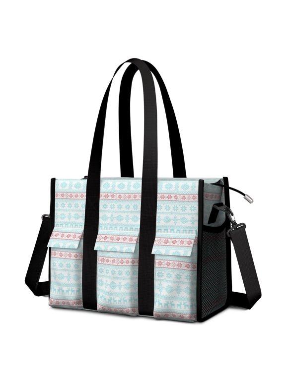 Blue and Red Christmas Pattern Utility Tote Bag, Office Commuter Tote with Multi Pockets & Removable Strap, Large Capacity Gifts for Work School Travel