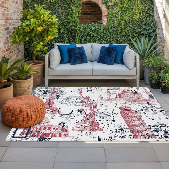 Blue Red City Indoor Outdoor Rugs 3x5 Ft, Modern Red Blue Architecture Outdoor Patio Rugs Mat Washable Outside Area Rugs Carpet for Porch Deck RV Camping Pool Balcony Backyard
