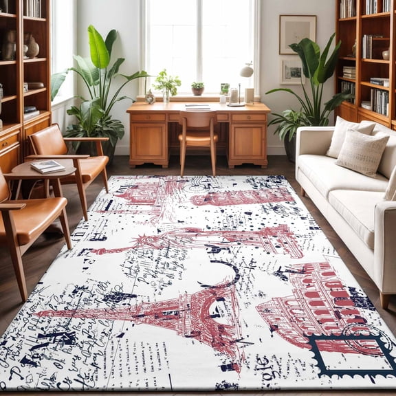 Blue Red City Washable Area Rug 9 x 12 ft Modern Red Blue Architecture, Soft Non Slip Rugs Stain Repellent Indoor Felt Carpet for Living Dining Room Bedroom Home Office