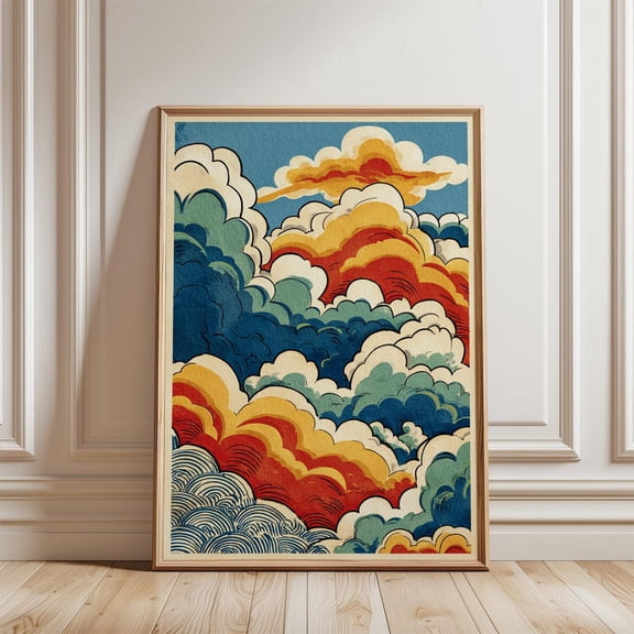 Blue Red Cloud Stylized Sky Illustration Graphic Folk Line Art, Unframed Paper Poster 8x10in