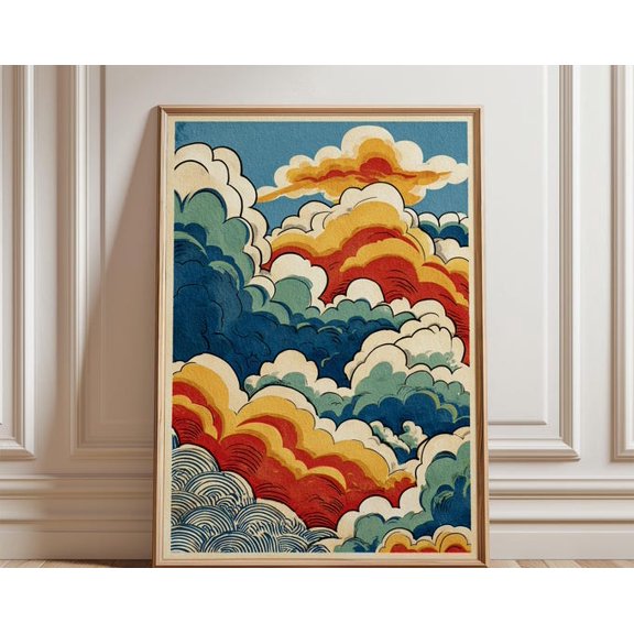 Blue Red Cloud Stylized Sky Illustration Graphic Folk Line Wall Art, Unframed Paper Poster 24x36in