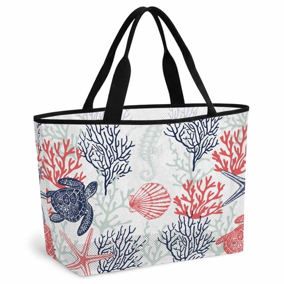 Blue Red Coastal Beach Bag for Women, Large Breathable Mesh Beach Tote Bag, Sea Turtle Nautical Coral Summer Beach Sandproof Lightweight Travel Bags for Vacation Picnic Swimming Pool 15.7"x15.7"x9.1"